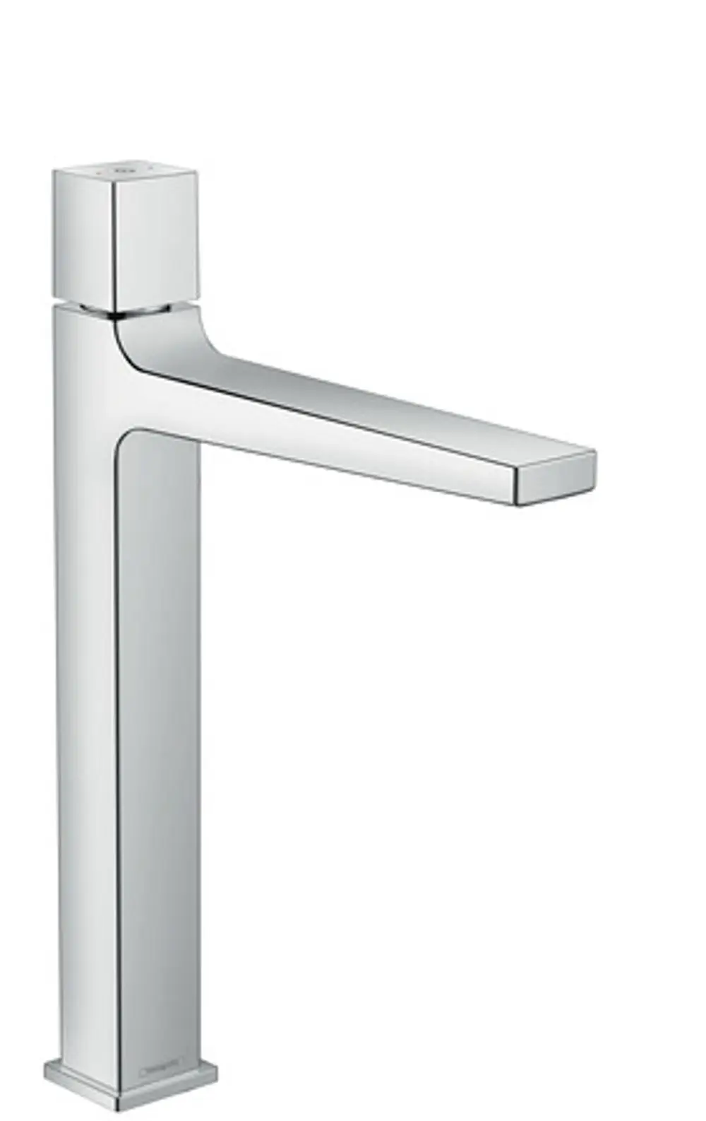 Chromfarbener Waschtischmischer von Hansgrohe mit einem langen, flachen Auslauf und einem quadratischen, kompakten Bedienknopf, geeignet für Aufsatzwaschtische.